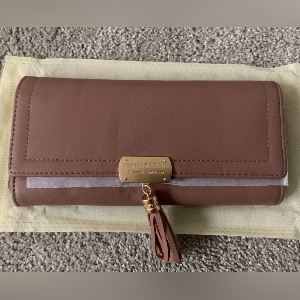 Forever Young Pink Dusty Rose Pleather wallet / clutch with gold accents